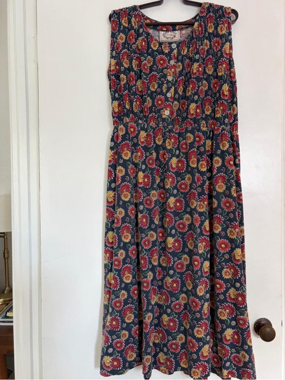 Erika Floral Midi Dress in Navy with Red & Yellow Blooms
